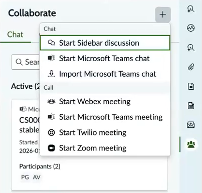 The collaboration component displays the available configured services when an agent initiates a new conversation.