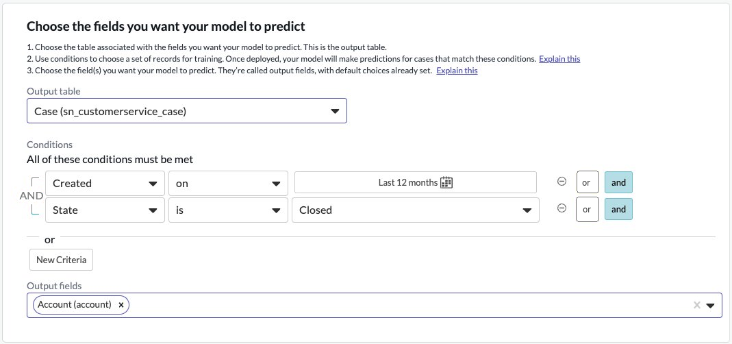 Model page used to choose fields and conditions for your model to make predictions.