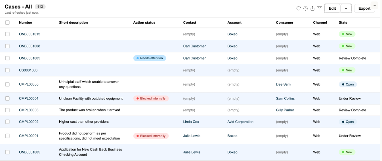 The Action status column on the Case list displays color-coded indicators and messages for cases that are blocked or need attention.
