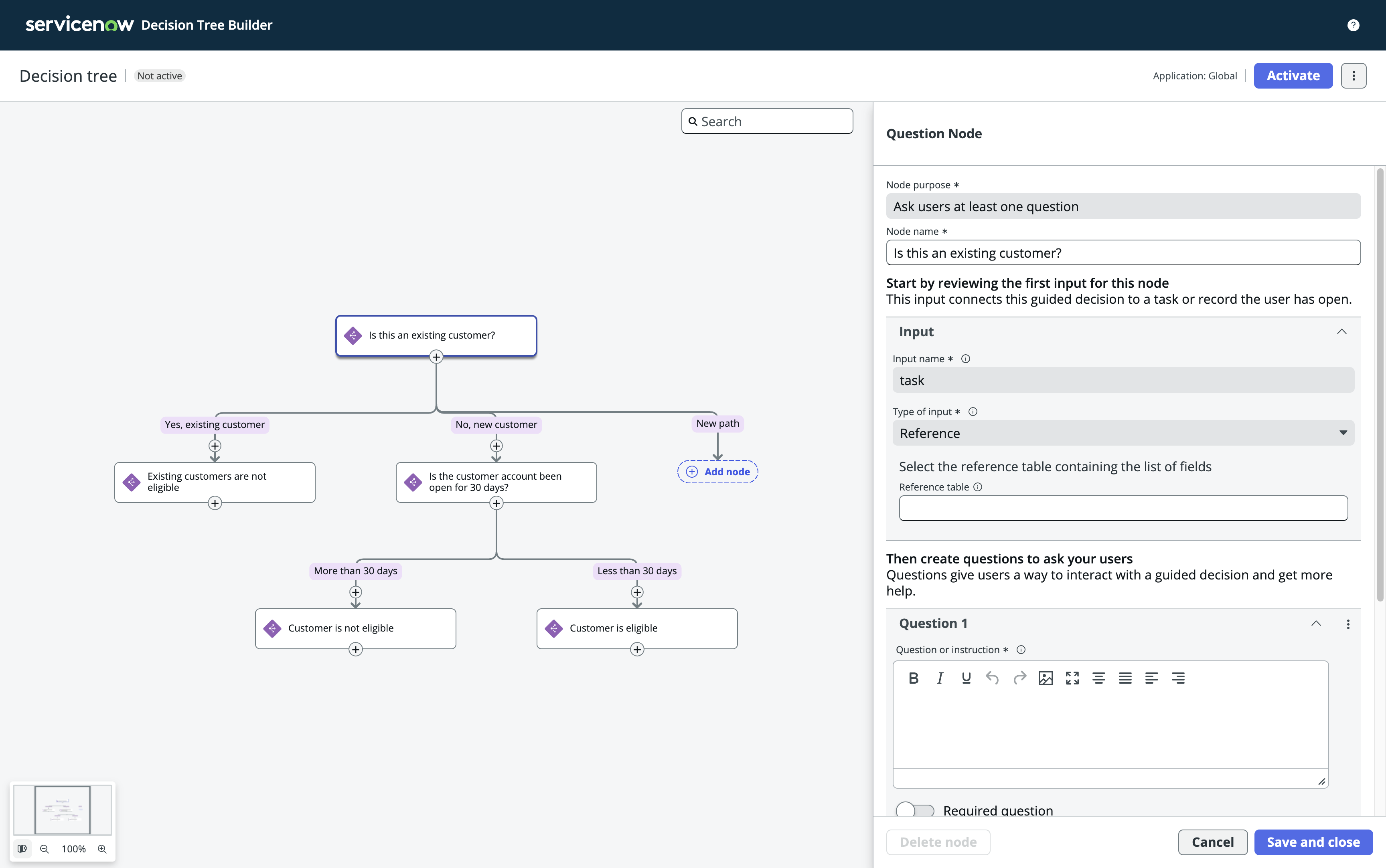 Decision Tree Builder with a flow chart and a side panel that has node configuration properties.