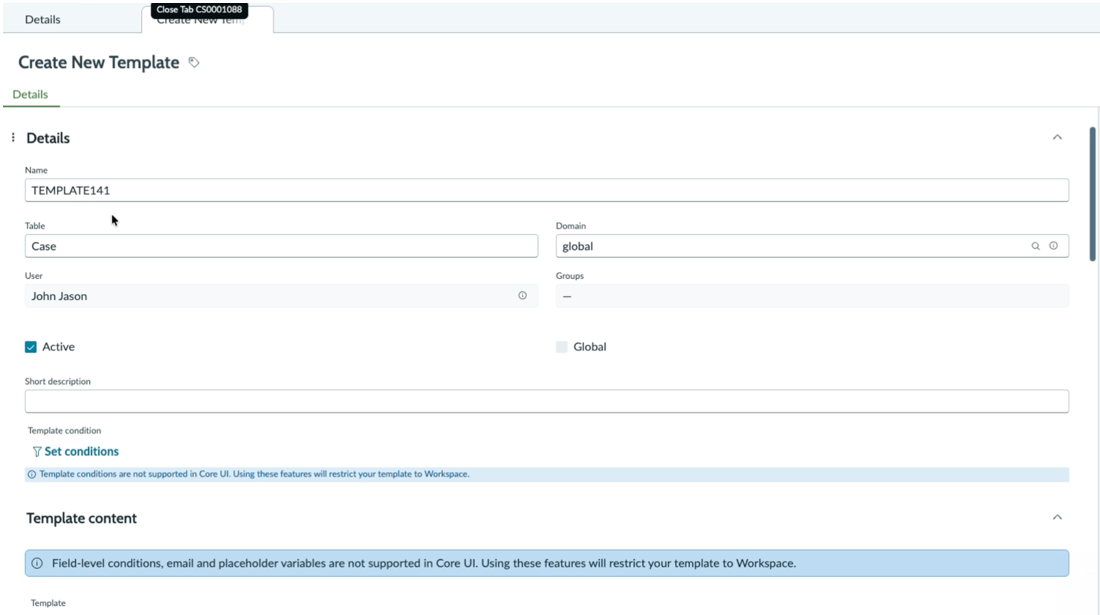 Create New Template form with the Details section collapsed. The Templates section includes a numbered row for each field and value added to the template.