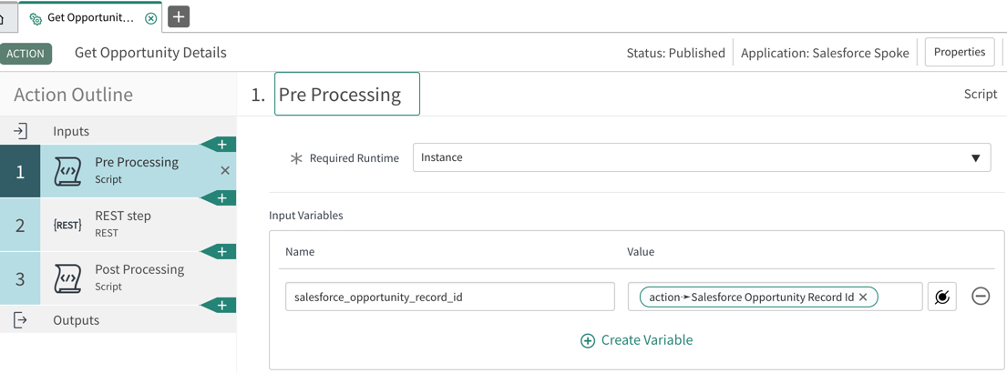 Pre Processing step:containing fields for Required Runtime, and Input Variables - Name and Value.