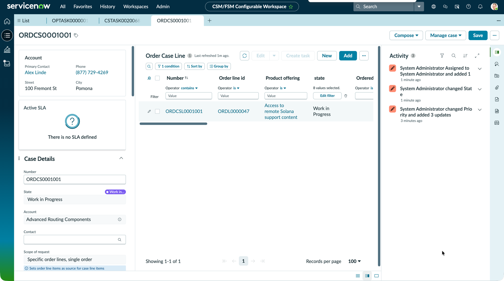 Order case page with customer and account information, SLA, and case details. Center panel displays the Order Case Line list. Page also includes the configurable side panel.