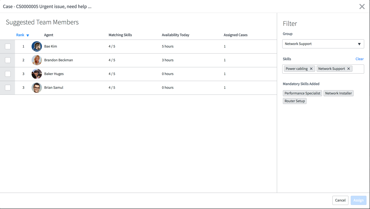 Task Assignment Workbench displaying suggested team members, their skills, availability, and assigned cases.
