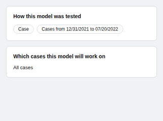 Case sentiment model providing a sample selection of test results with sentiment predictions based on past hundred cases.