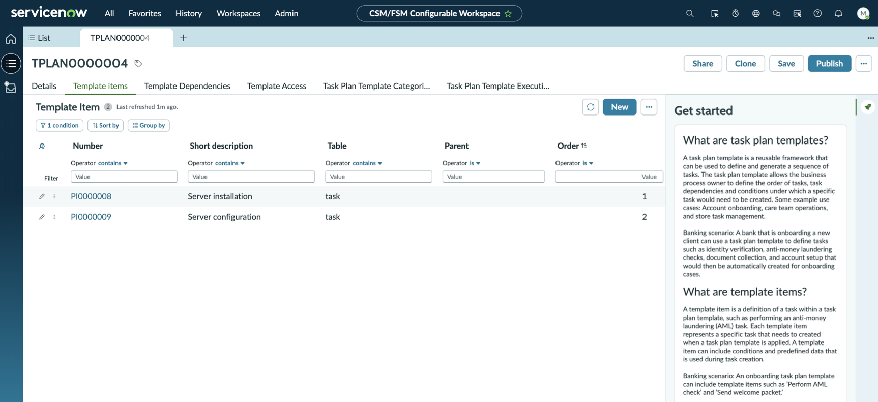 The template items list includes a hierarchical list of the tasks, child, cases, records, and other items that are part of the template.