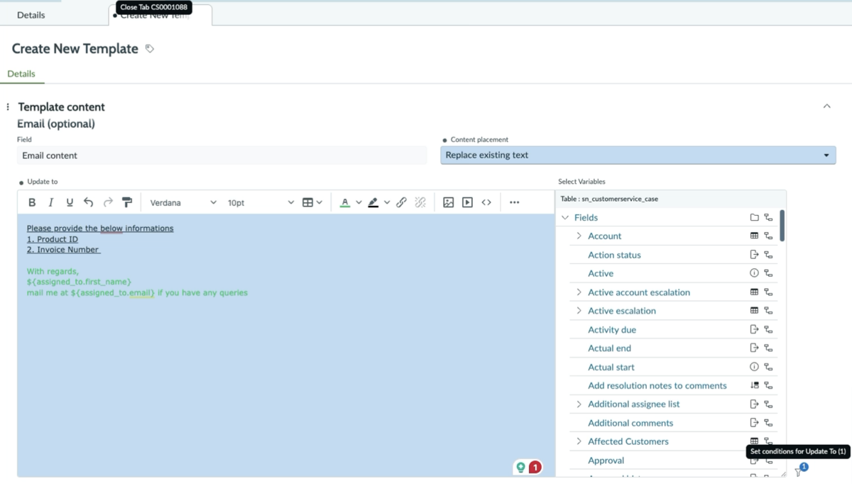 email variable picker