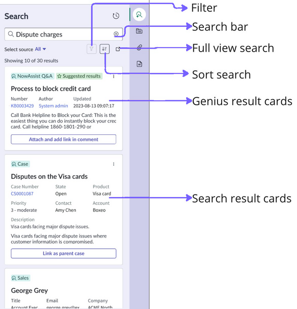 AI search cards in the contextual side panel with genius and search results.