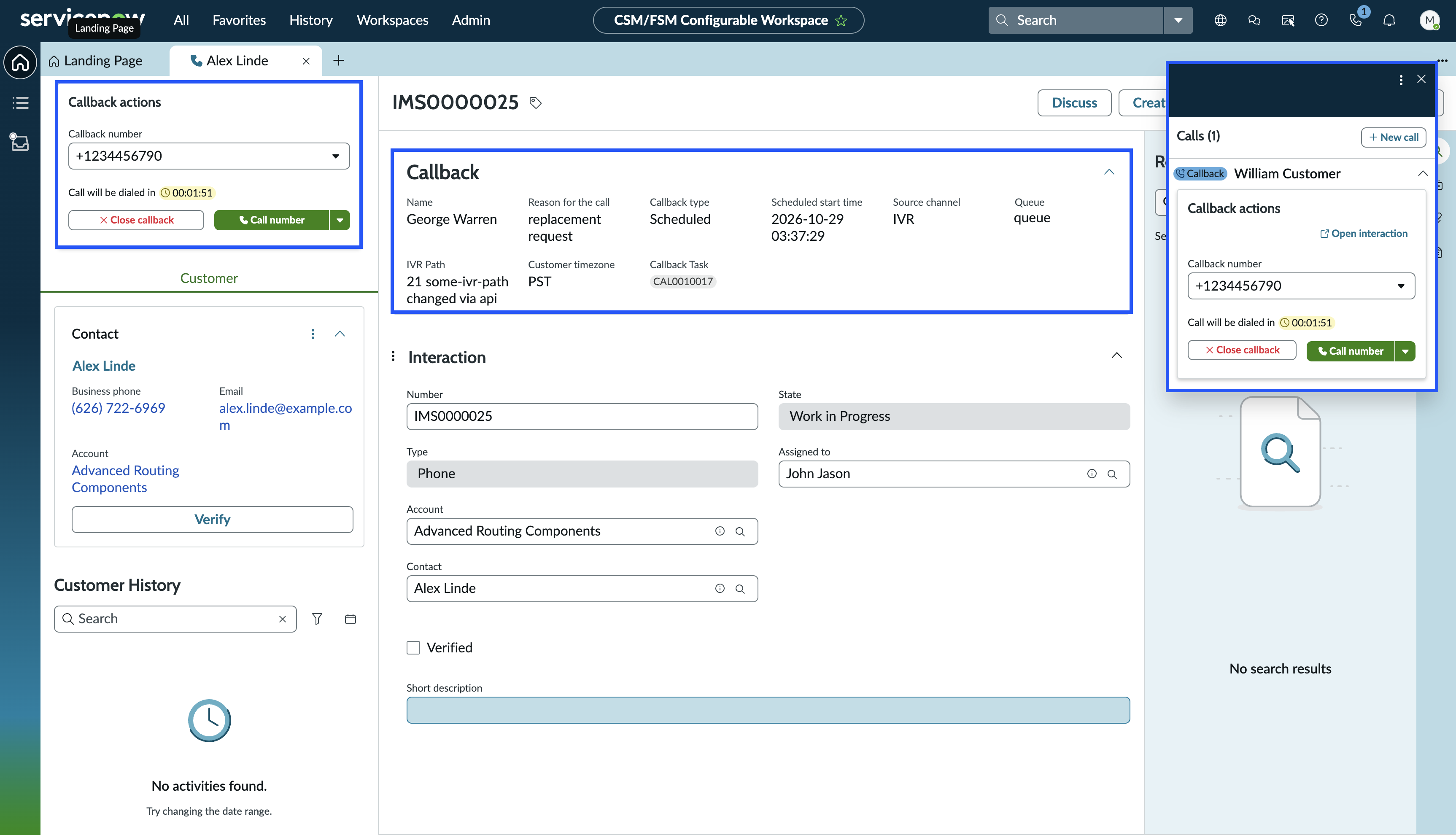 Callback interaction page with Callback actions component, Callback context card, and Global Voice control (GVC) with Callback actions.