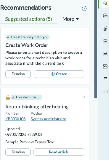 Recommended actions and Search tabs in the contextual side panel in CSM Configurable Workspace