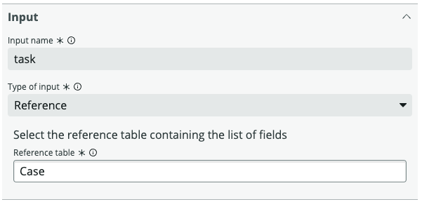Input section contains the Input name, type of input, and reference table fields.