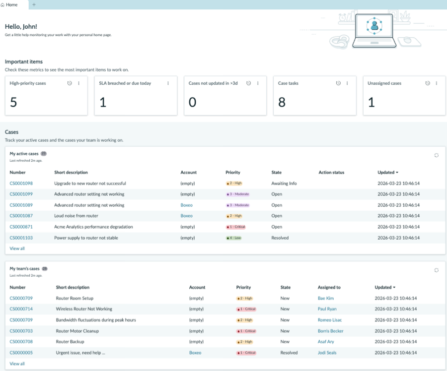 Landing page to track your active cases and important items. For the text description, refer to the CSM Landing Page and CSM Landing Page - Premium sections and components table.