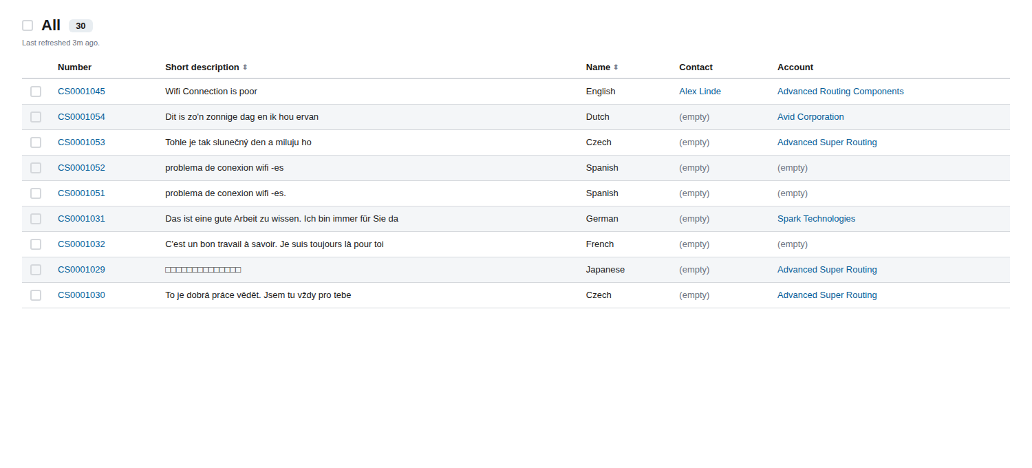Case list view with short description field text in different languages and the detected language listed in the Name column.