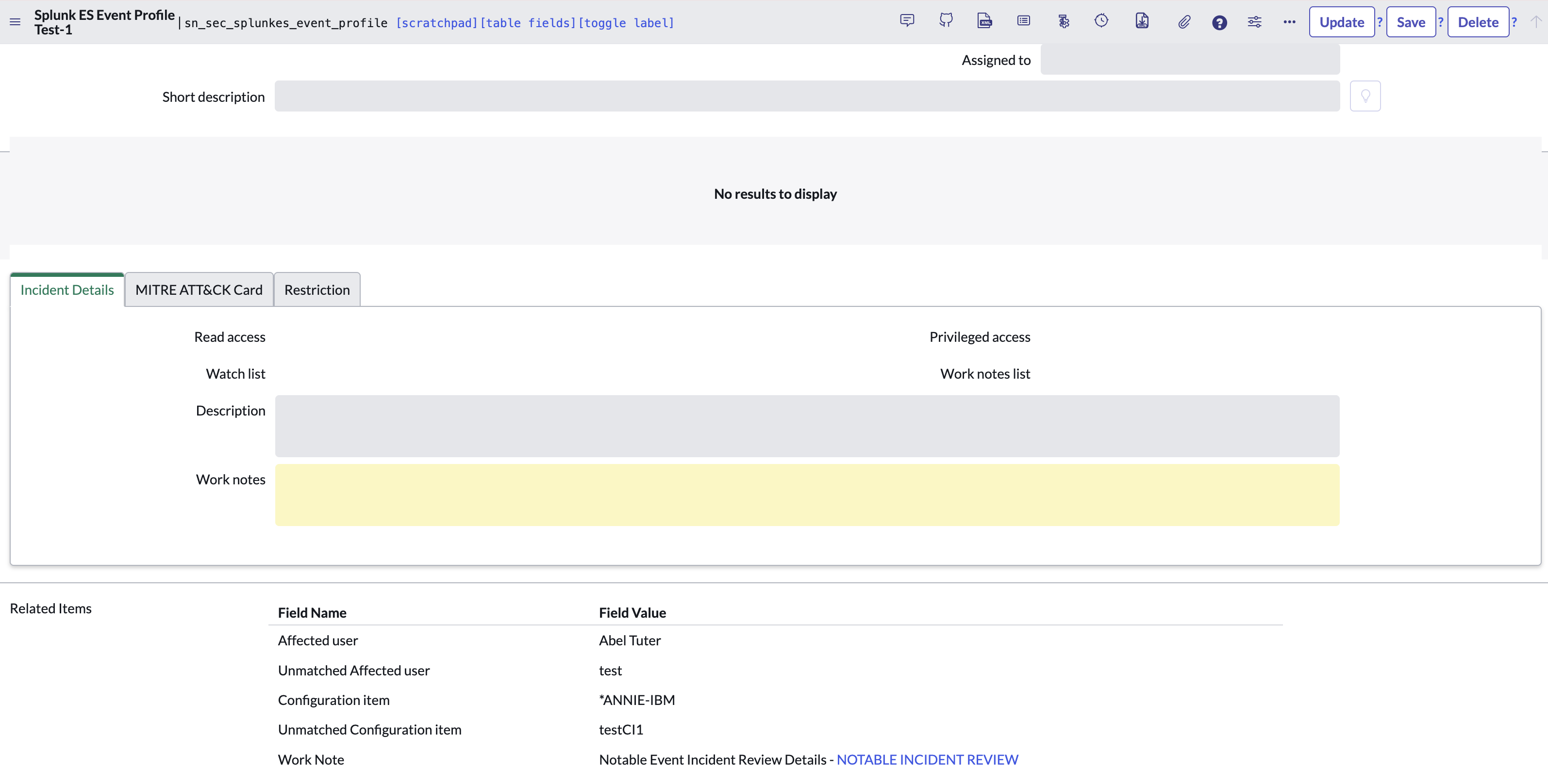 Work note and Description fields on the security incident preview