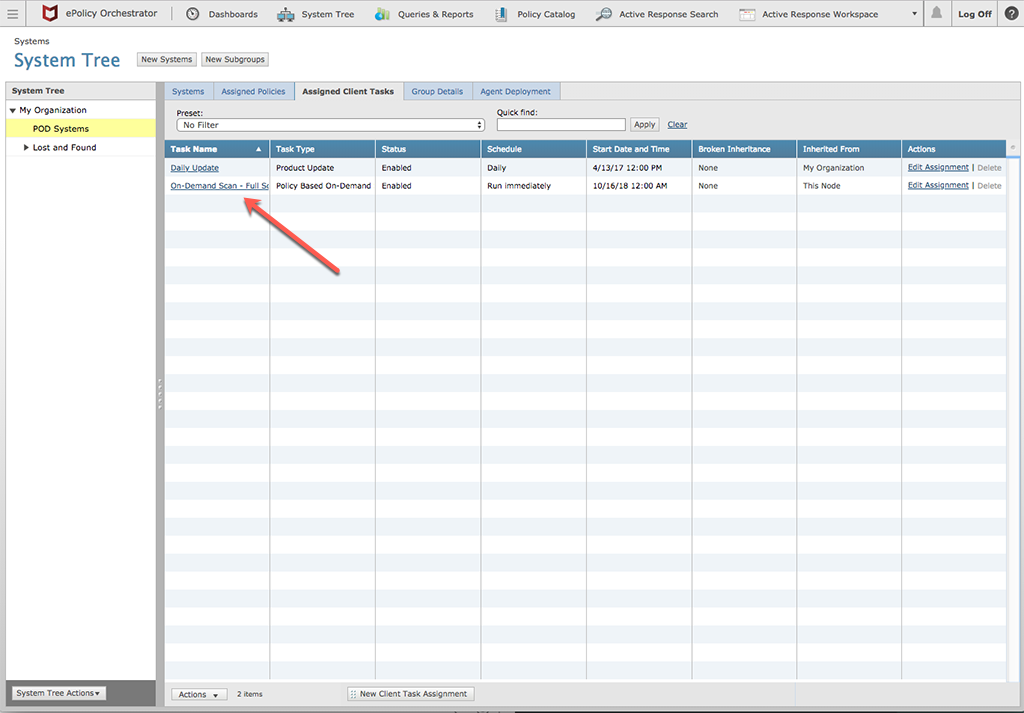 On-Demand scan highlighted in System Tree in McAfee ePO.