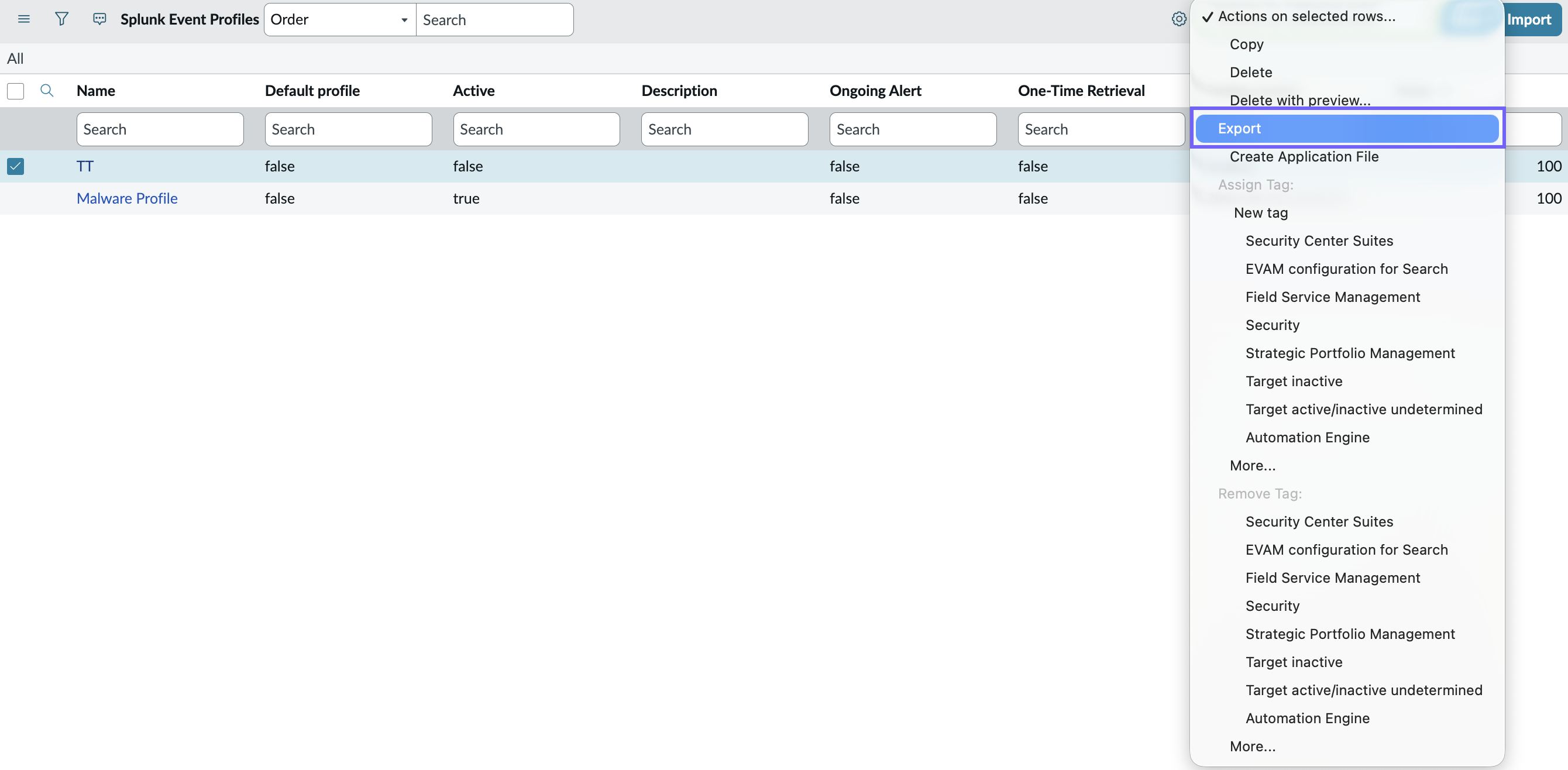 Splunk プロファイルのエクスポート