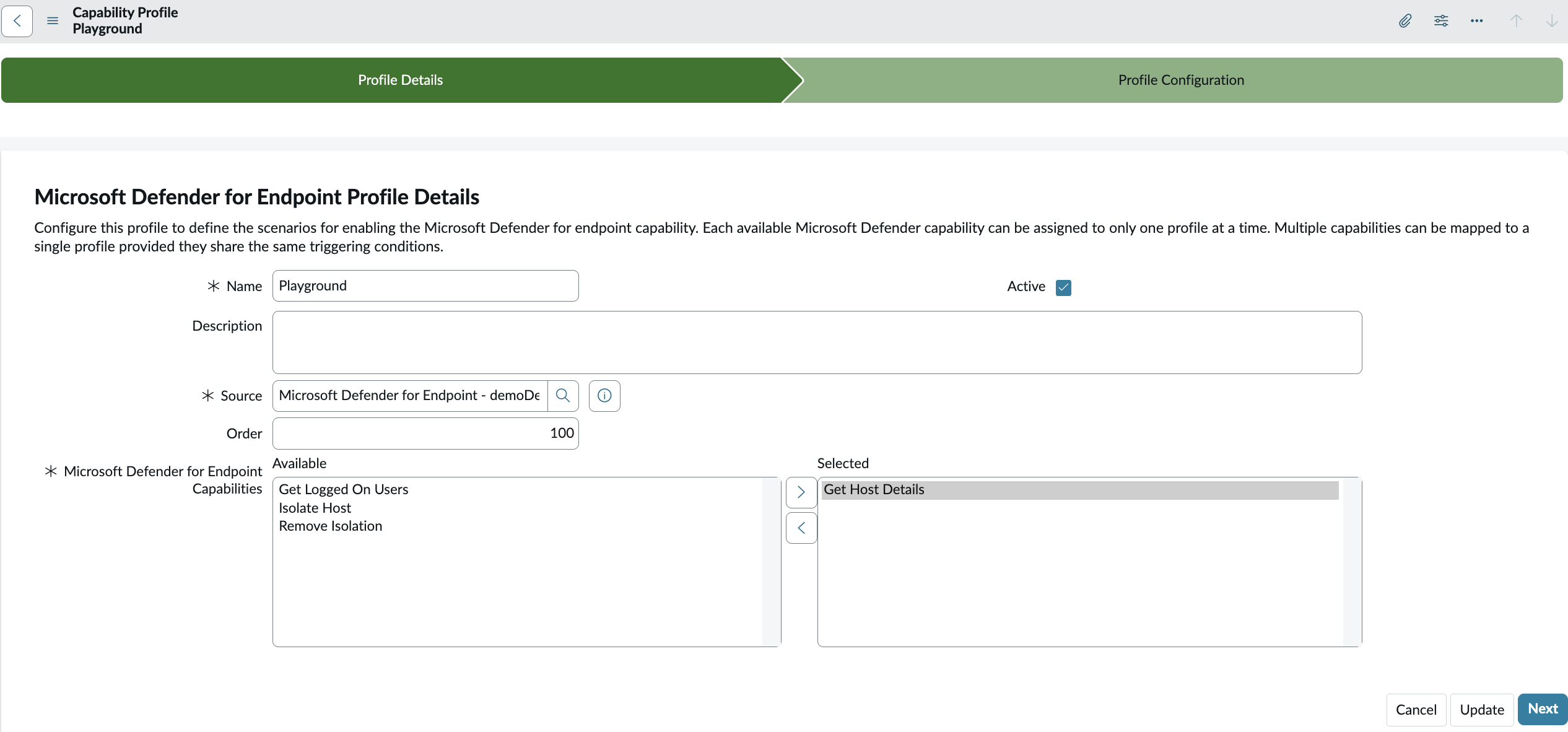 Create a new capability profile for the Microsoft Defender for Endpoint integration
