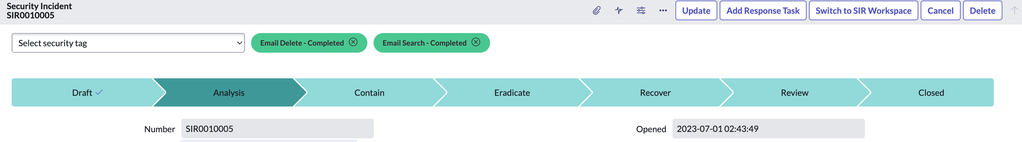 Security incident with Email Delete Completed security tag highlighted.