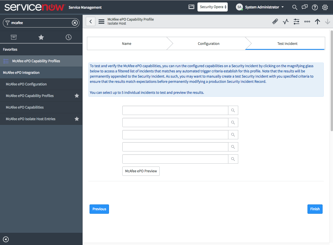 [McAfee 機能プロファイル] の [インシデントのテスト] ページ。