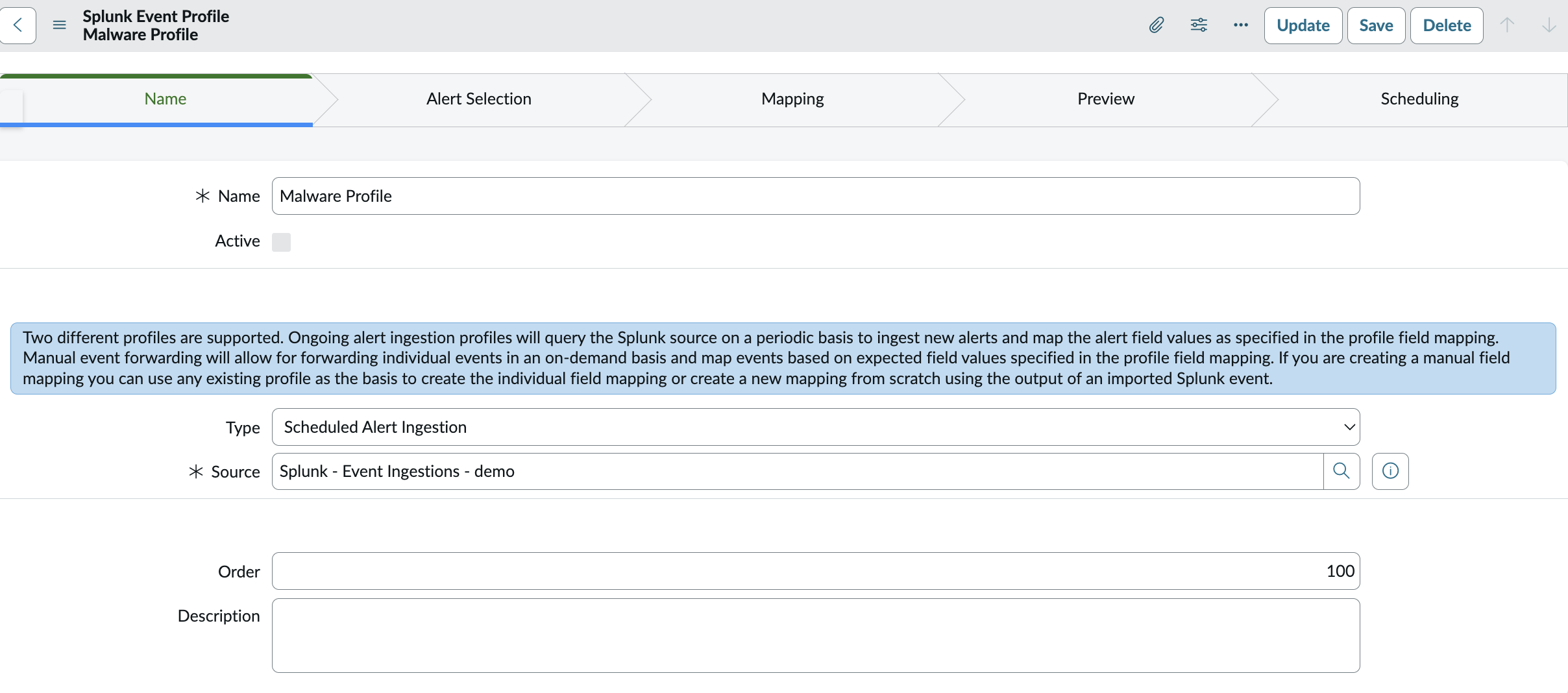 Completed profile name form for a scheduled alert.