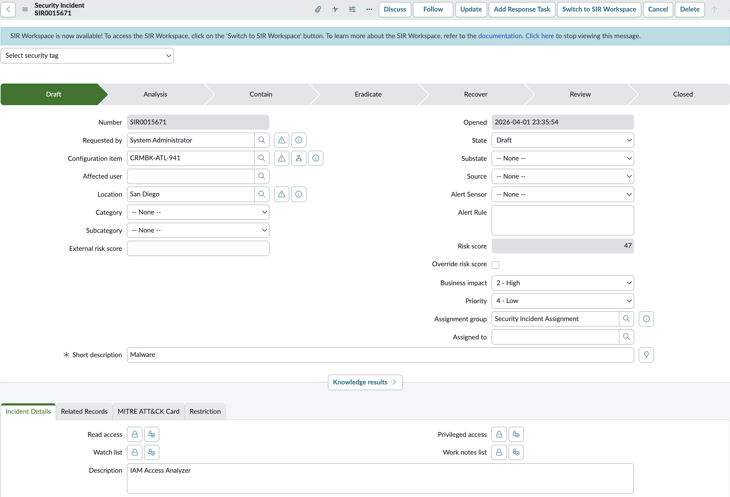 Configuration item field populated with a host name.
