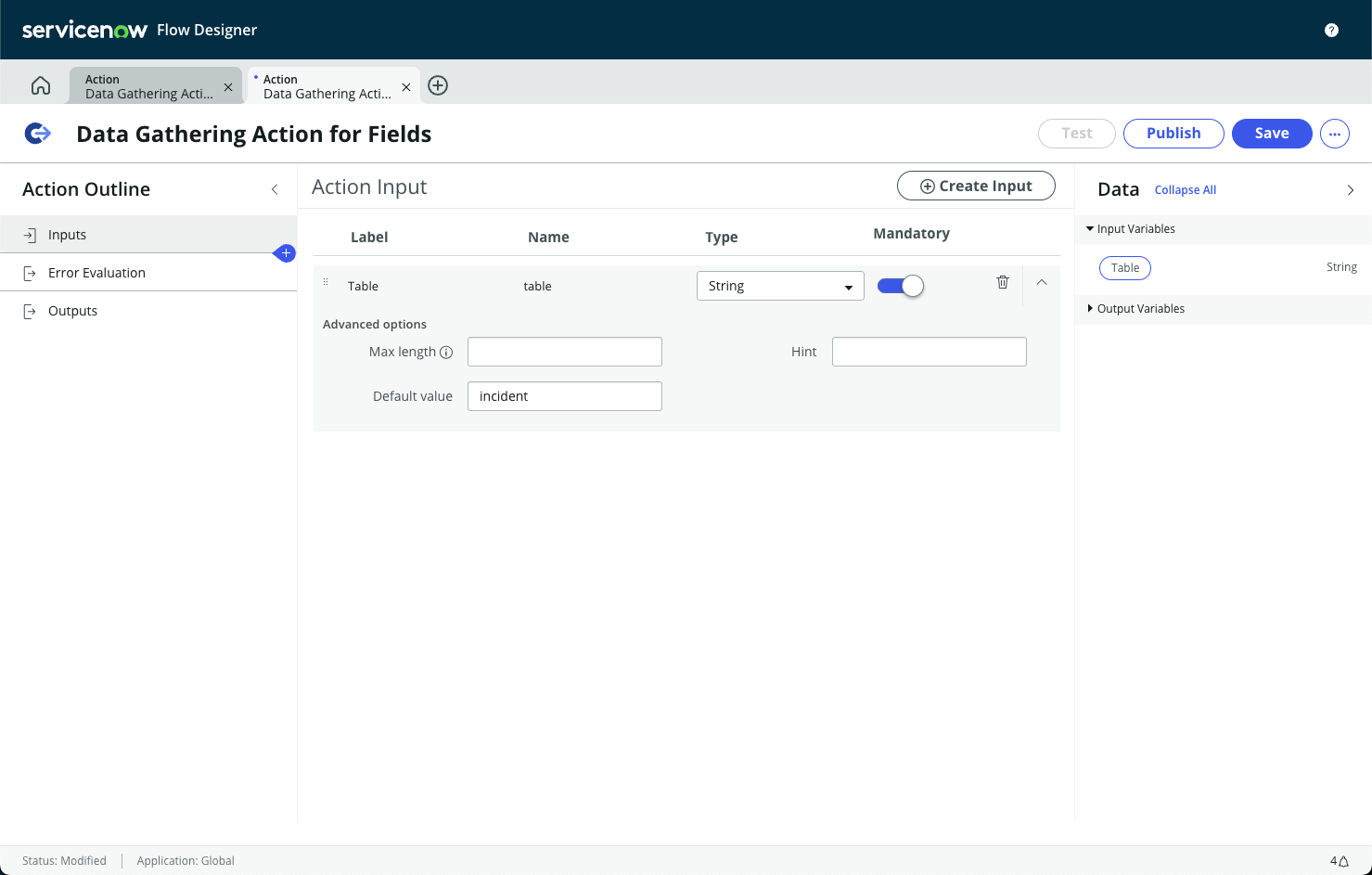 Exemplo de configuração de entrada da etapa 3