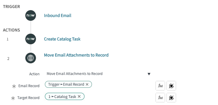 Usando a ação Mover anexos de e-mail para registro.