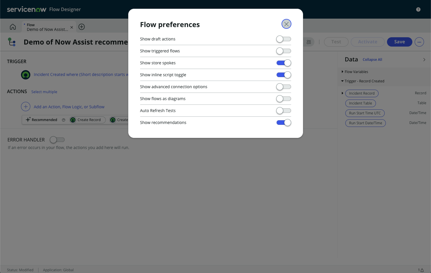 Preferência de fluxo para mostrar recomendações