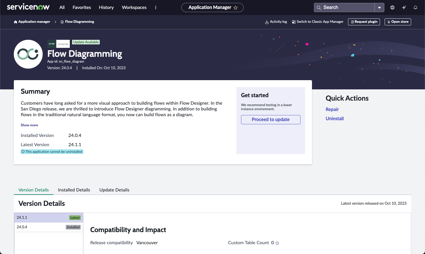 Página de resumo da aplicação Flow Diagramming