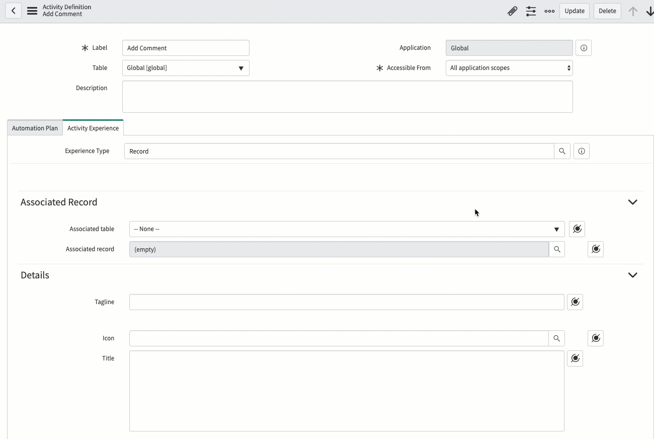Use o seletor de cápsula de dados para adicionar uma tabela e um registro associados à sua definição de atividade.