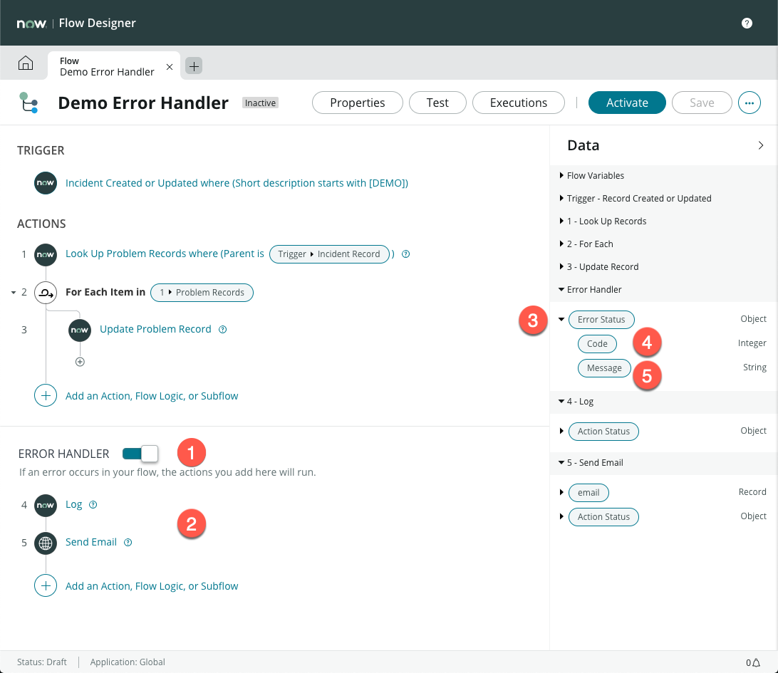 Fluxo de amostra com manipulador de erros habilitado. A seção Manipulador de erros tem as ações Registrar e Enviar e-mail.