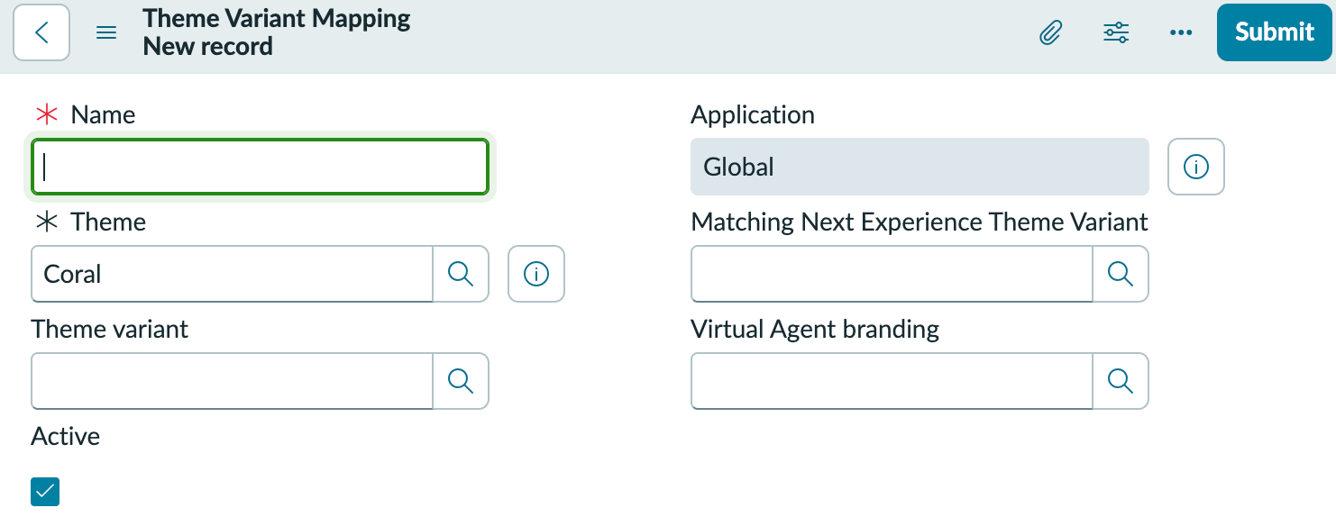 Theme Variant Mappings fields.