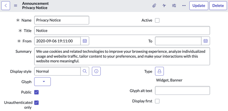 The Privacy Notice form, including the default text of the notice.