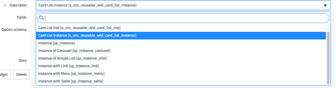 Card List Instance extension table selected in the Data table field.