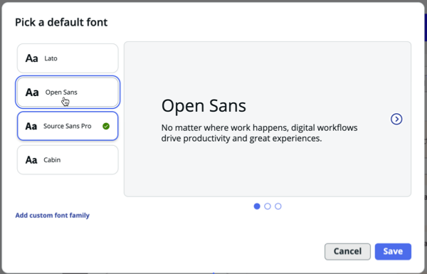 Pick a default font modal with Open Sans selected.