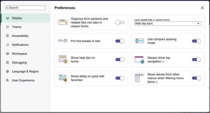 Preference modal with search bar, preference categories and associated preferences for each category.