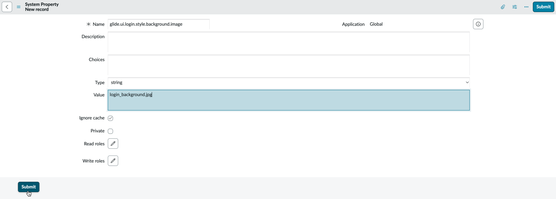 System property new record with Submit selected.