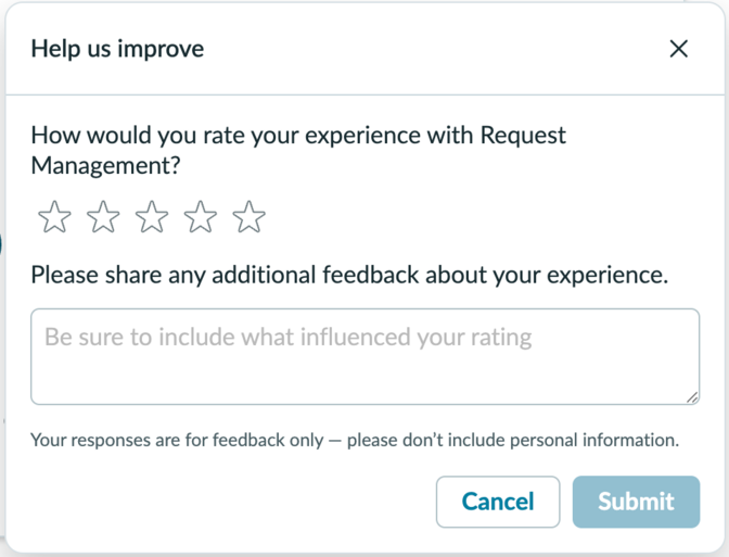 In-Product Survey showing a 5-star rating scale and a text field for additional feedback.
