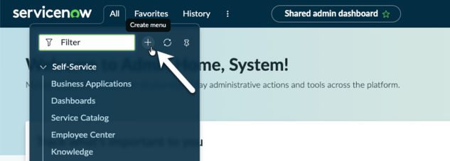 Arrow pointing the create menu icon in the all menu.