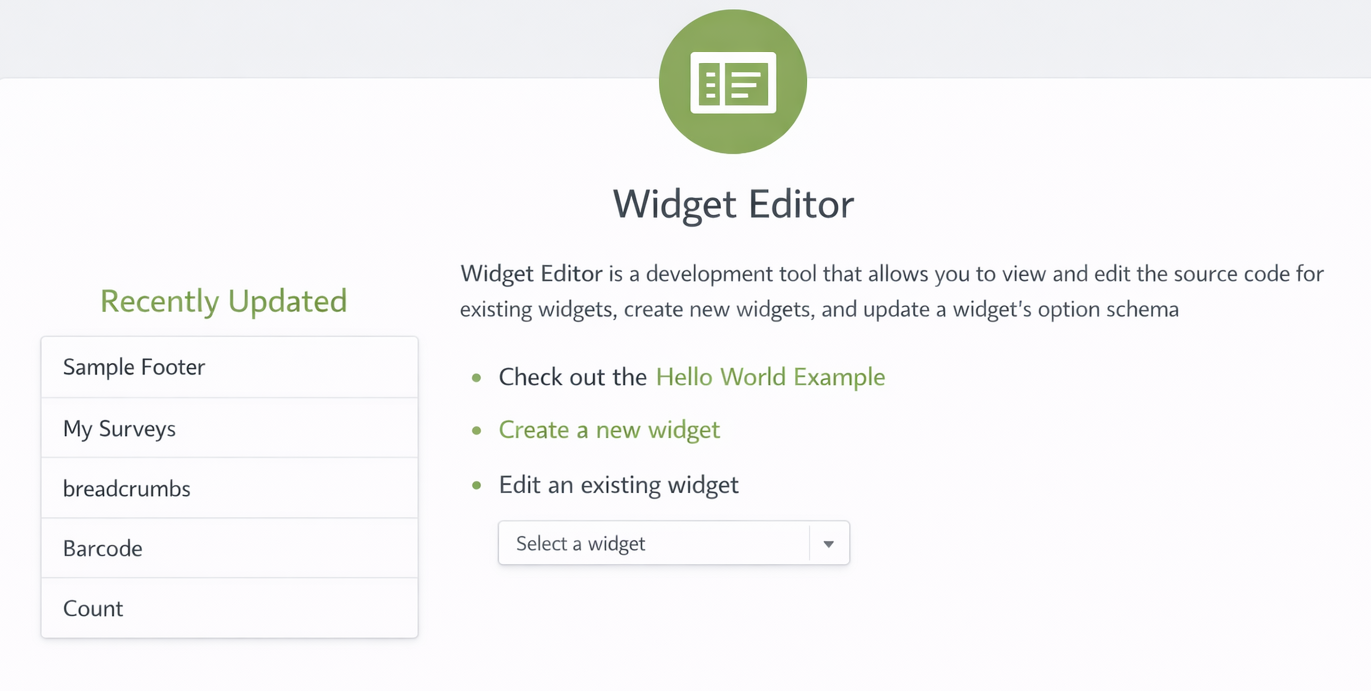 Widget Editor main page where the Widget Edit Panel widget is used