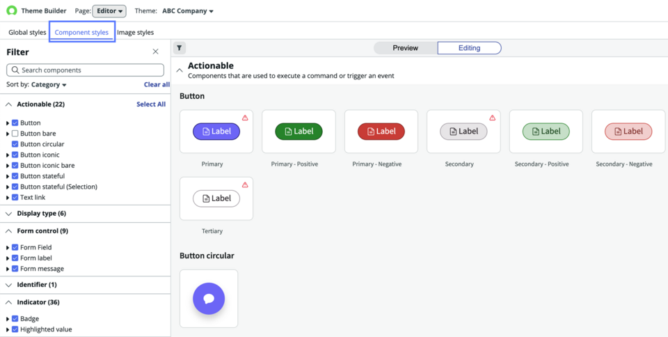 Component styles panel with filter and component tiles displayed.