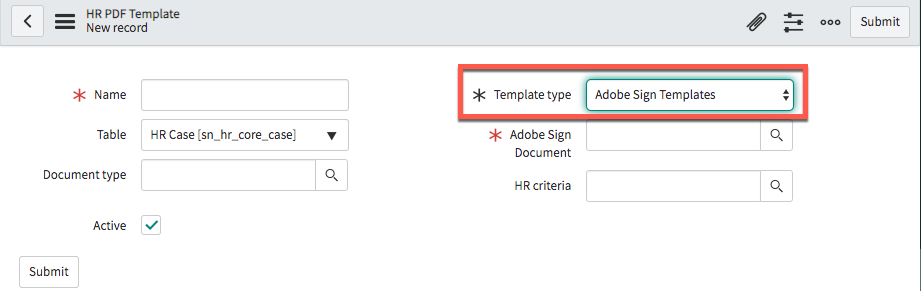 템플릿 유형을 Adobe Sign 템플릿으로 설정