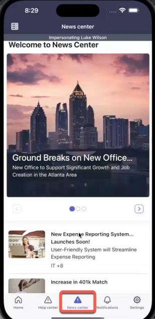 Now Mobile의 뉴스 센터 페이지 하단에 있는 빨간색 사각형 상자 안에 강조 표시된 뉴스 센터 탭입니다.