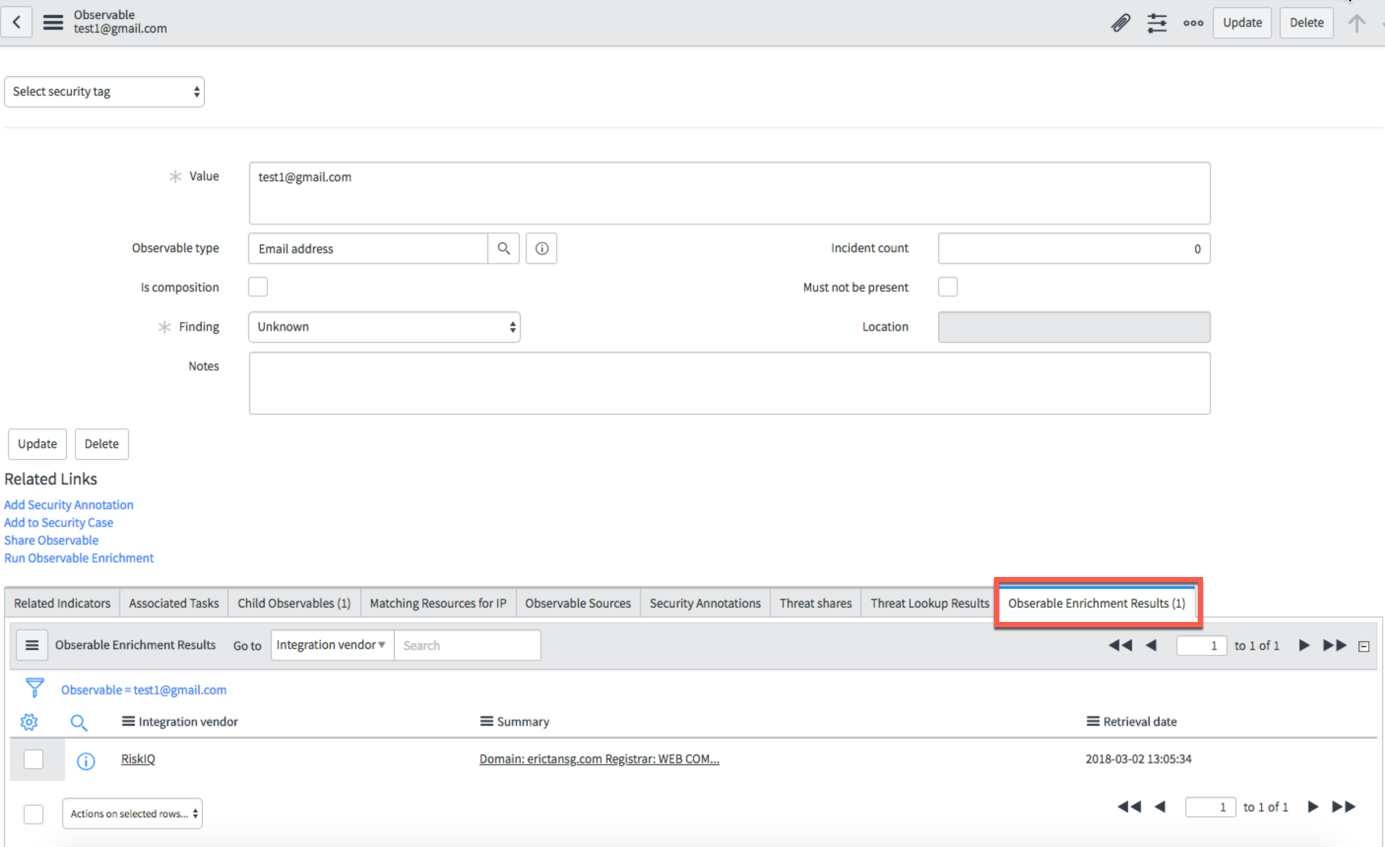 Observable Enrichment Results tab and lookup results.