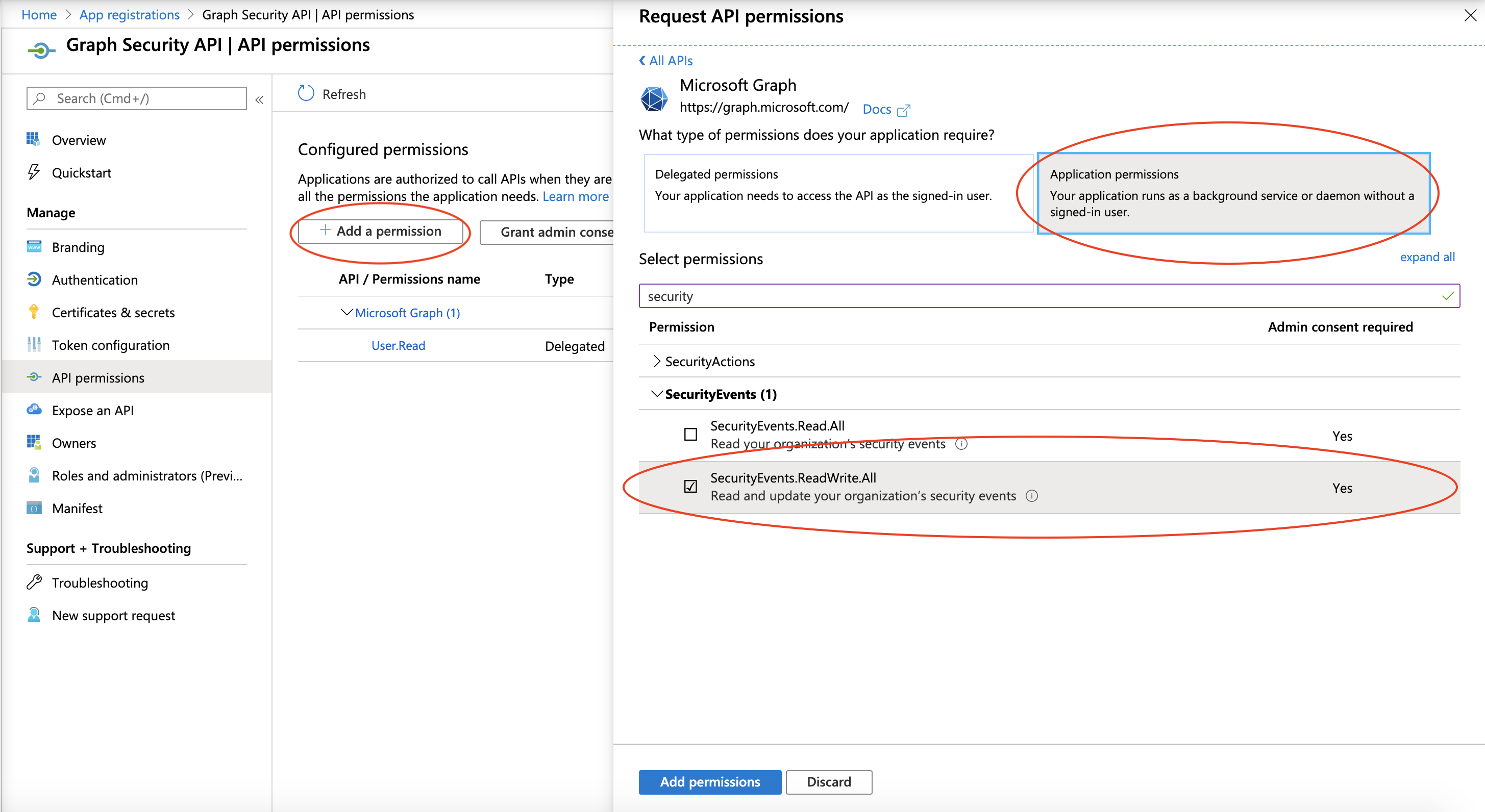 Microsoft Graph Security API configuration: security events