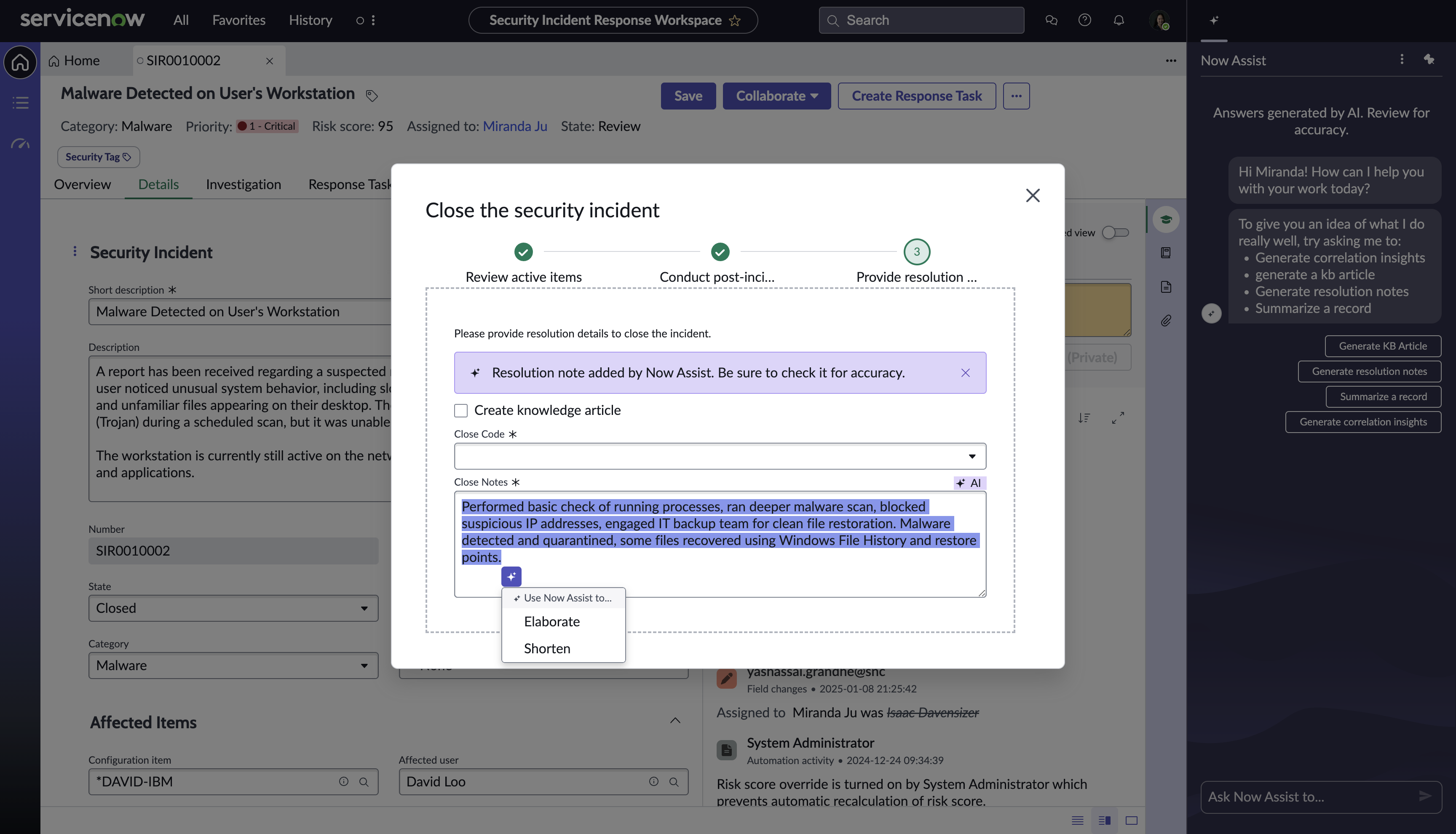 Now Assist Context menu for the Close notes.