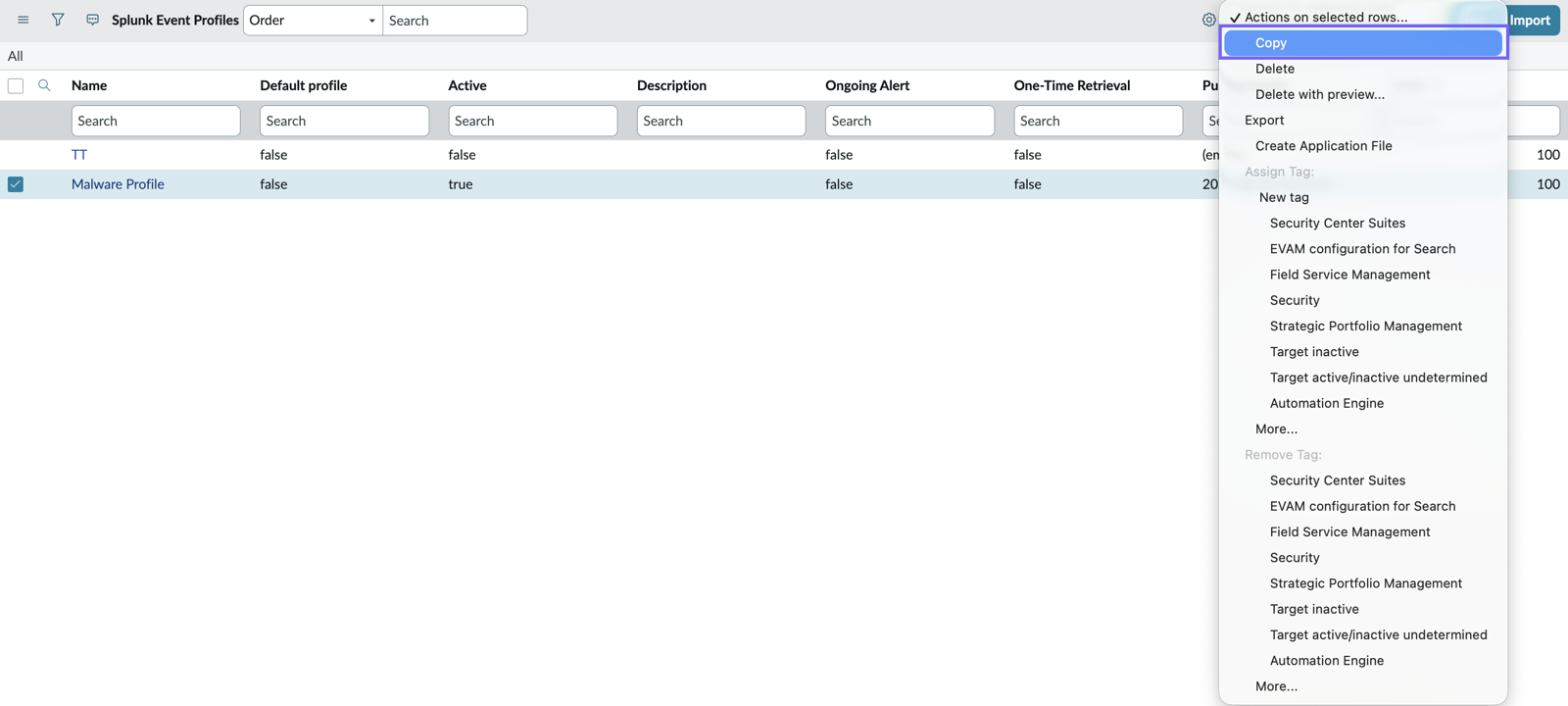 Event Profiles list with Actions on selected rows highlighted.