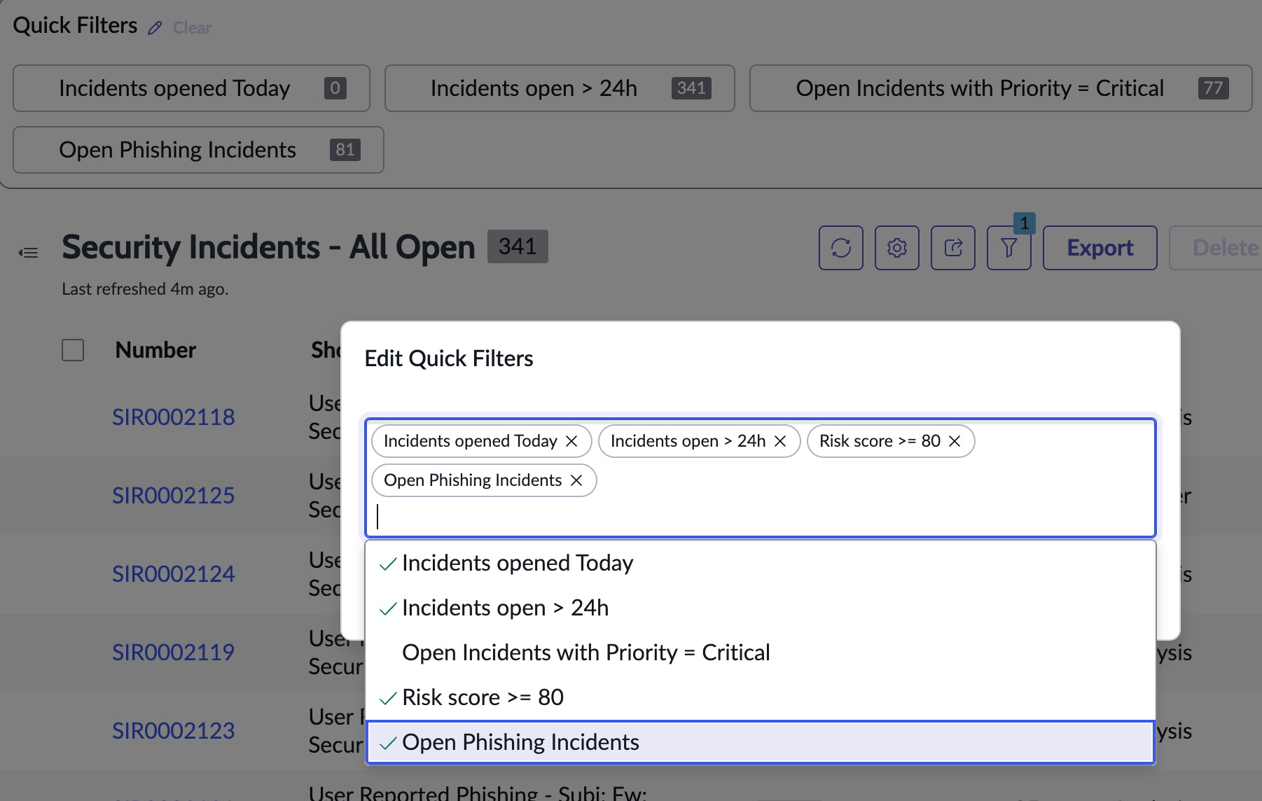 Edit quick filters