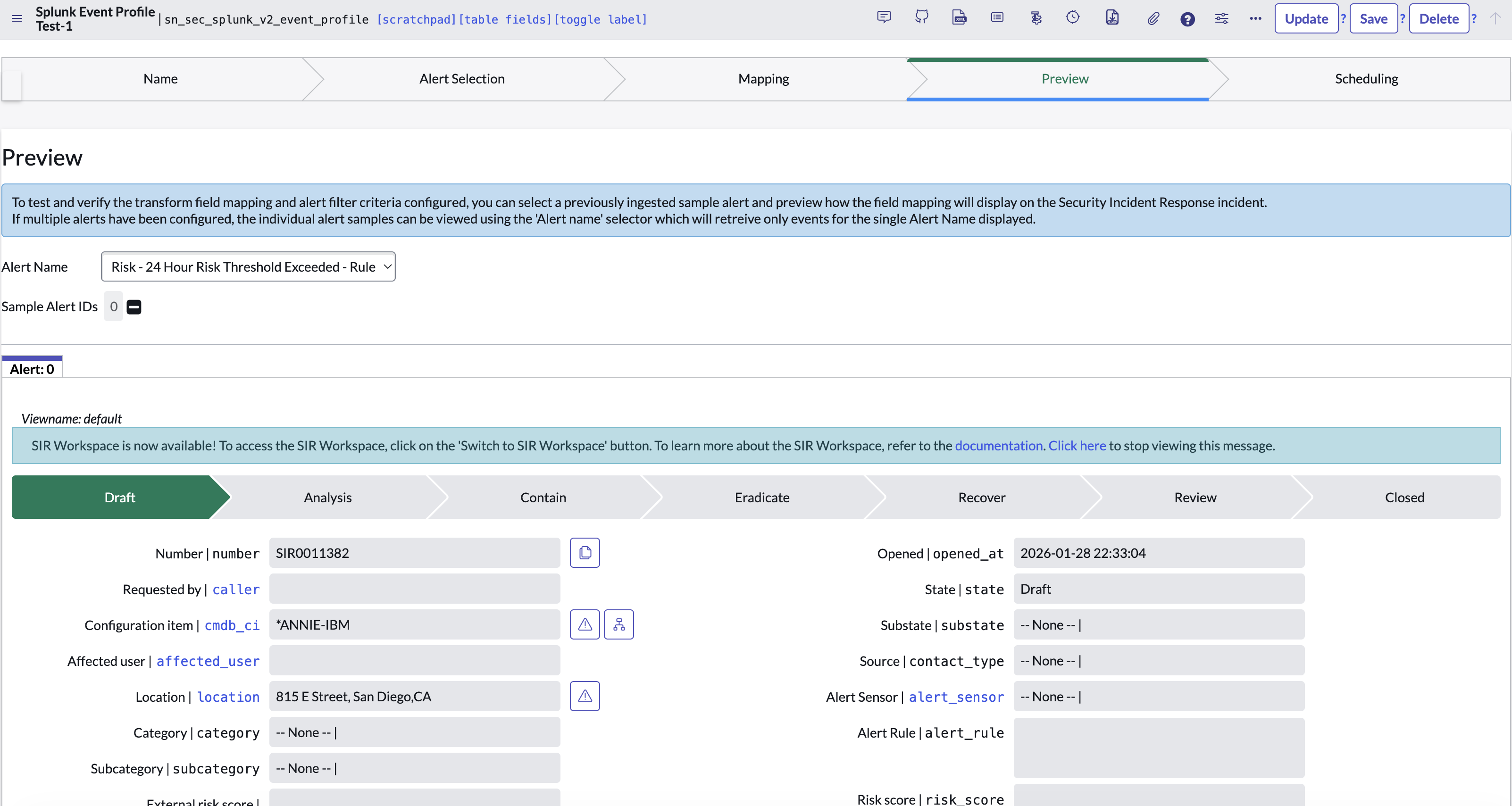 Error message on a security incident in the preview.