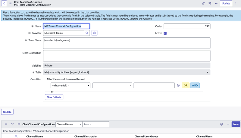 Chat Team Configuration